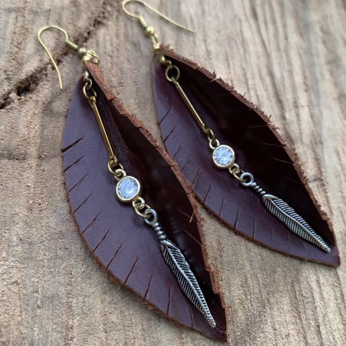 Leather Feather Fringe Earrings - Burgundy with gold and crystal detail