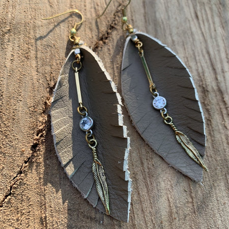 Leather Feather Fringe Earrings - Beige, Long & Skinny, Vintage brass and onyx stone