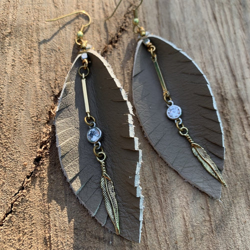 Leather Feather Fringe Earrings - Beige with gold and crystal