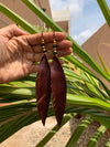 Leather Feather Tassel Earrings - Burgundy Long & Skinny vintage brass and onyx stone