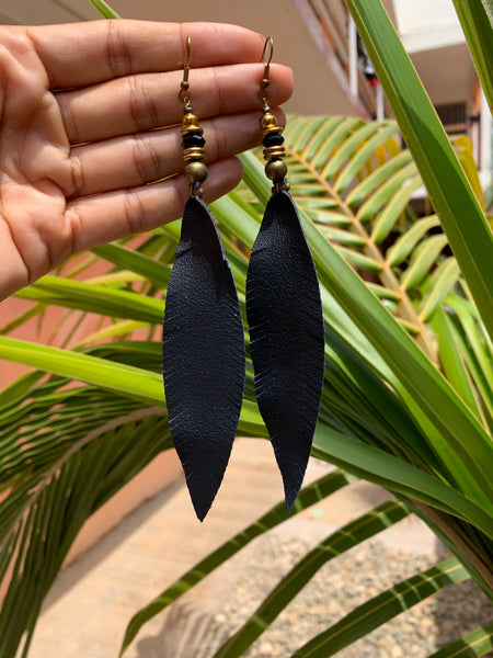 Leather Feather Tassel Earrings - Burgundy Long & Skinny vintage brass and onyx stone