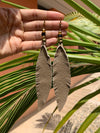 Leather Feather Fringe Earrings - Beige, Long & Skinny, Vintage brass and onyx stone