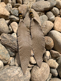 Leather Feather Fringe Earrings - Beige, Long & Skinny, Vintage brass and onyx stone