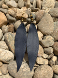 Leather Feather Tassel Earrings - Navy Blue, Long & Skinny vintage brass and onyx stone