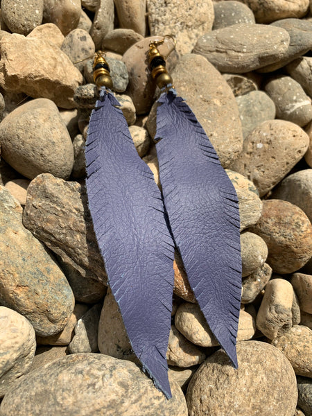 Leather Feather Fringe Earrings - Periwinkle, Long & Skinny, Vintage Brass and Onyx stone