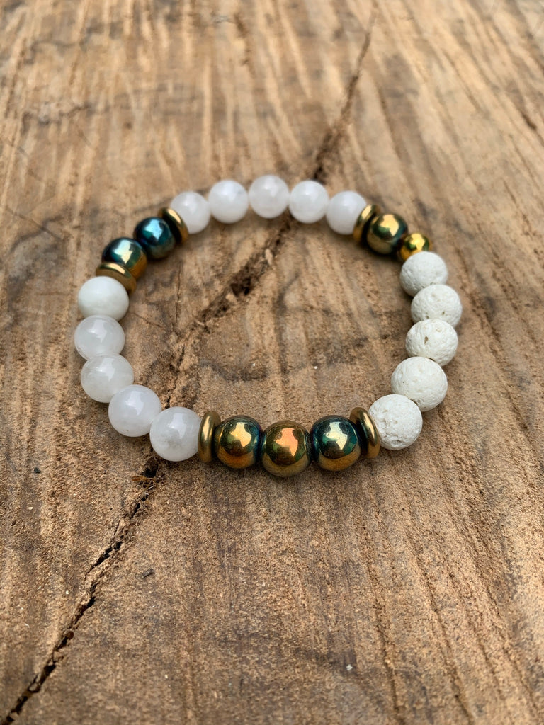 White Coral Gemstone|Handmade Stretch Bracelet|Unisex|Greek Spiral Symbol