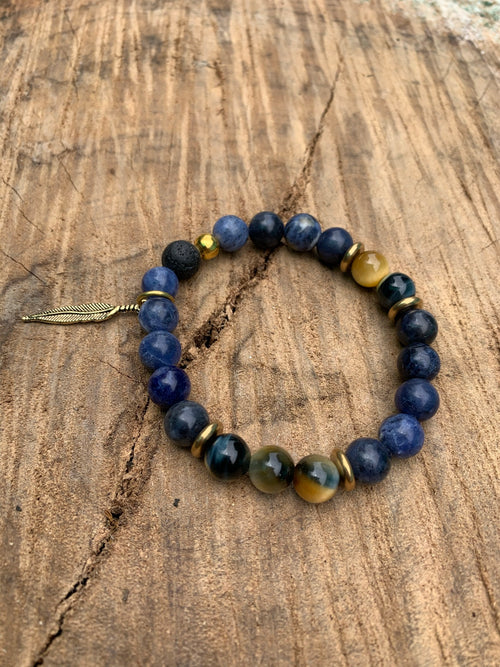 Sodalite, Blue Tigers Eye, Black Lava Stone Stretch Bracelet