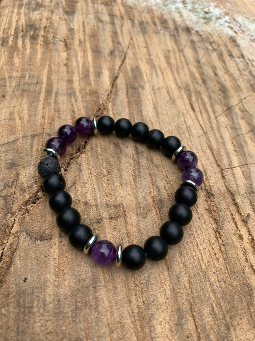 Amethyst, Onyx, Black Lava Stone, Silver, Stretch Bracelet