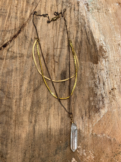 Three Strand Vintage Brass Necklace with Quartz Crystal