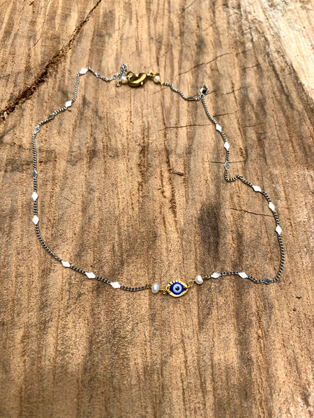 Evil Eye, Light Blue, Dainty Fancy Chain - 14k Gold Plate Necklace with Fresh Water Pearls