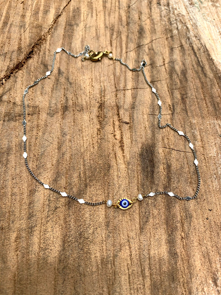 Evil Eye, Medium Blue, Dainty Fancy Chain - Sterling Silver Plate Necklace with Fresh Water Pearls