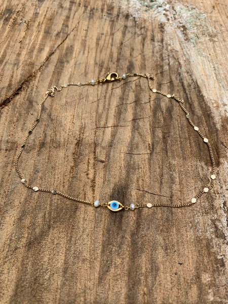 Stars and freshwater pearl dainty collar. Vintage brass curb link chain.