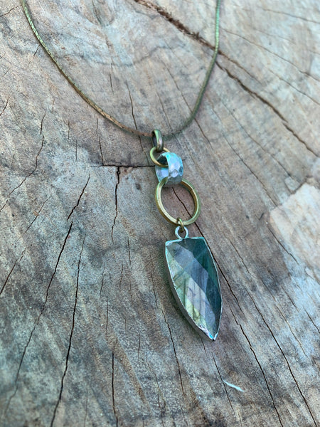 Labradorite arrowhead pendant. Mixed metal Necklace. Dainty vintage brass box chain.