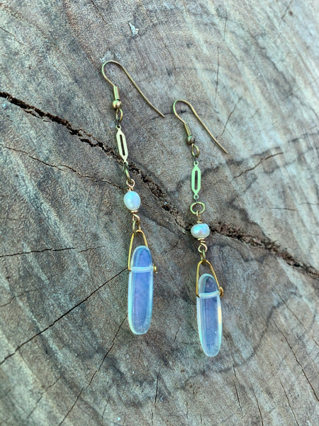 Opalite dangle earrings with freshwater pearl. Vintage brass detail.