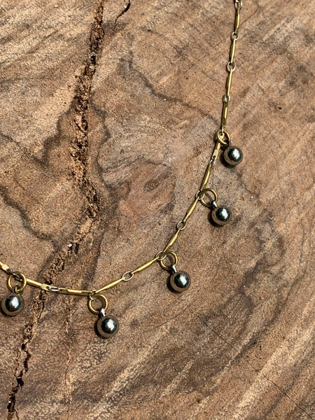 Silver ball dangle necklace. Vintage brass bar chain