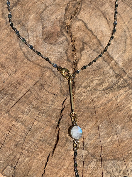 Silver plated fancy chain with Moonstone and brass bar detail