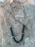 Y-Style Modular Zip Vintage Brass Necklace. Black Lava Stone with Gold Spacers